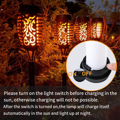 Solar-Gartenfackel mit Flammenlicht, schwarze Laterne mit Schalter-Detail
