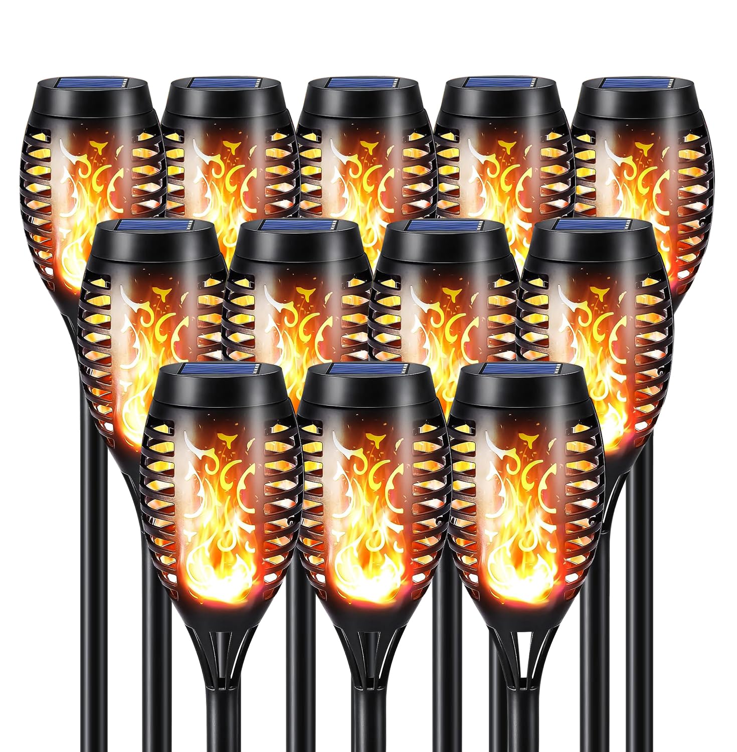 Set schwarzer Solar-Fackelleuchten mit Flammeneffekt, 12 Stück